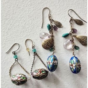 2~ Vintage Cloisonné Dangle Bead Earrings~ Lockets Accents